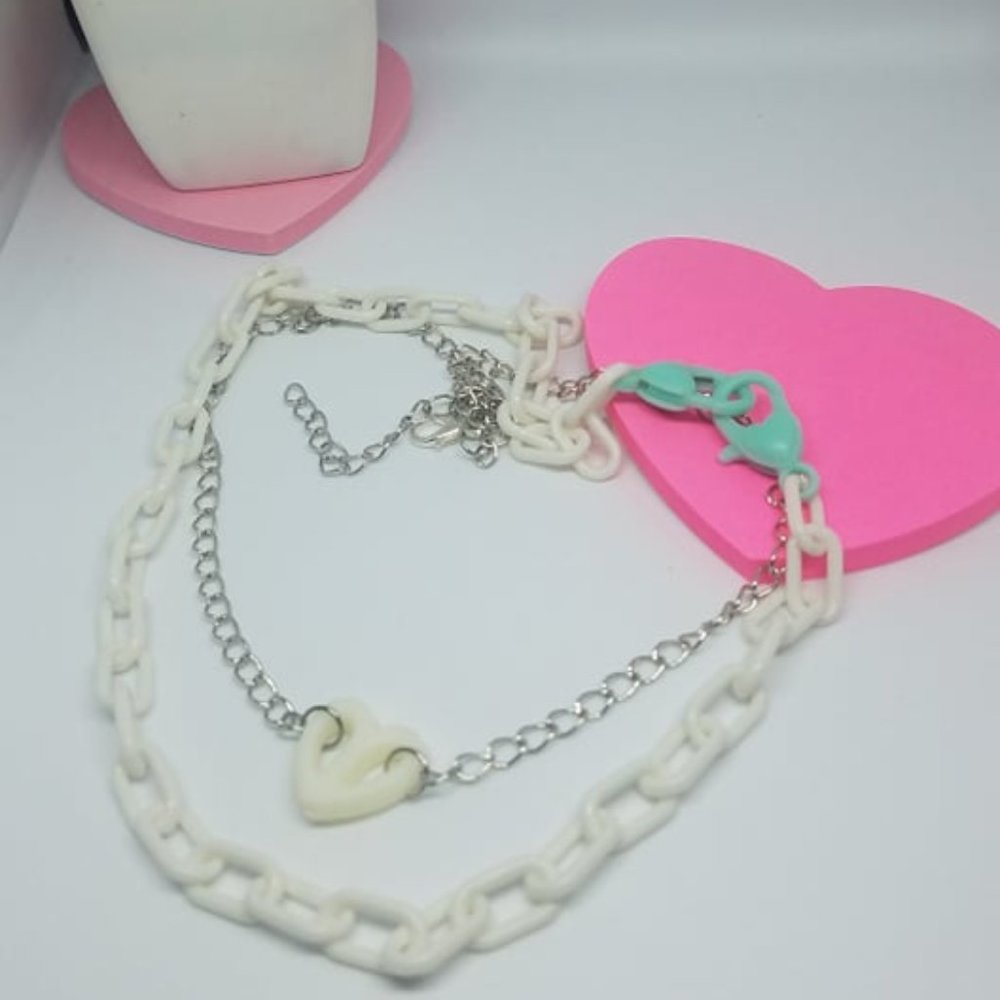 Lolita White and Teal Layered Chain Necklace/Choker with Dangle Chain Earrings - Picture 3 of 4
